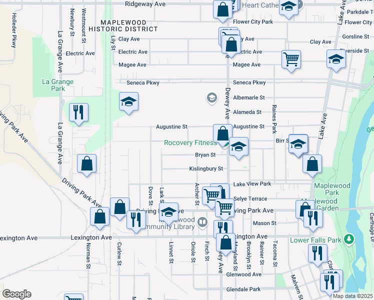map of restaurants, bars, coffee shops, grocery stores, and more near 419 Birr Street in Rochester