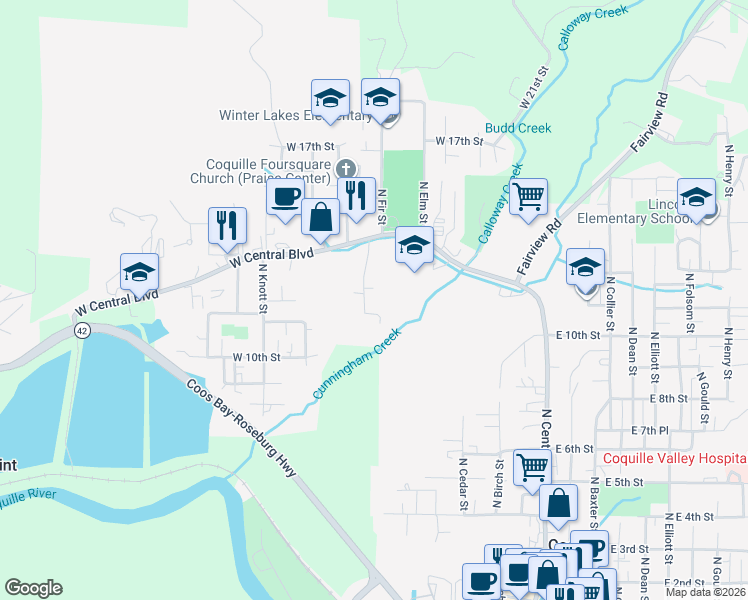 map of restaurants, bars, coffee shops, grocery stores, and more near 1179 North Grape Street in Coquille