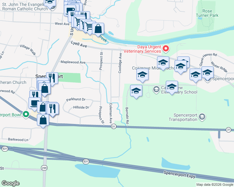 map of restaurants, bars, coffee shops, grocery stores, and more near 121 Coolidge Avenue in Spencerport