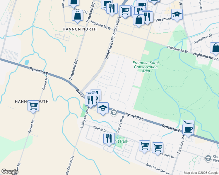 map of restaurants, bars, coffee shops, grocery stores, and more near 41 Soho Street in Hamilton