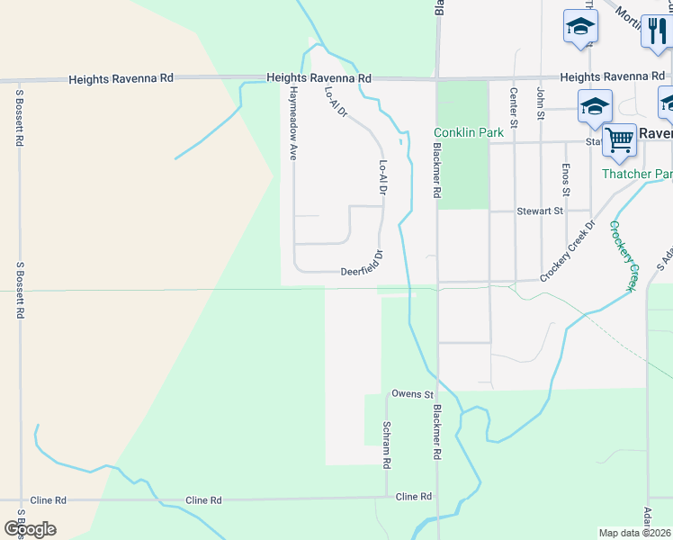 map of restaurants, bars, coffee shops, grocery stores, and more near 11796 Deerfield Drive in Ravenna