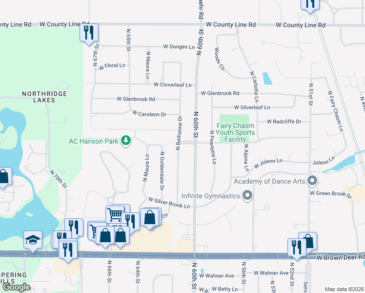 map of restaurants, bars, coffee shops, grocery stores, and more near 9216 North Bethanne Drive in Brown Deer