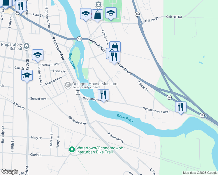 map of restaurants, bars, coffee shops, grocery stores, and more near 402 East Water Street in Watertown