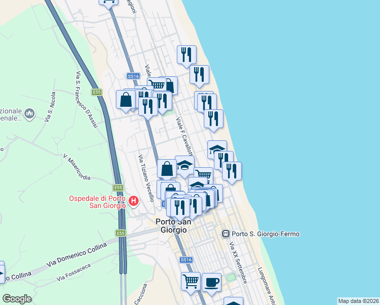 map of restaurants, bars, coffee shops, grocery stores, and more near 18 Via Firenze in Porto San Giorgio
