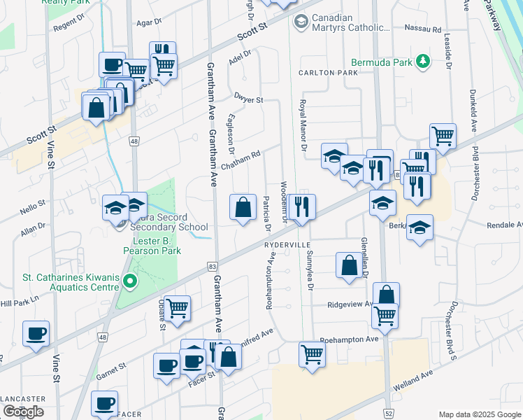 map of restaurants, bars, coffee shops, grocery stores, and more near 13 Patricia Drive in Saint Catharines