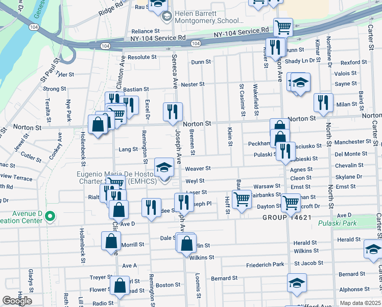 map of restaurants, bars, coffee shops, grocery stores, and more near 32 Van Stallen Street in Rochester