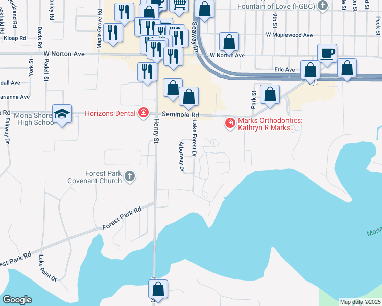 map of restaurants, bars, coffee shops, grocery stores, and more near 690 Oakway Drive in Norton Shores