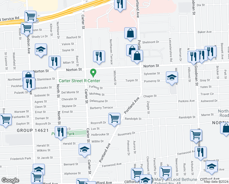 map of restaurants, bars, coffee shops, grocery stores, and more near 72 Mitchell Street in Rochester