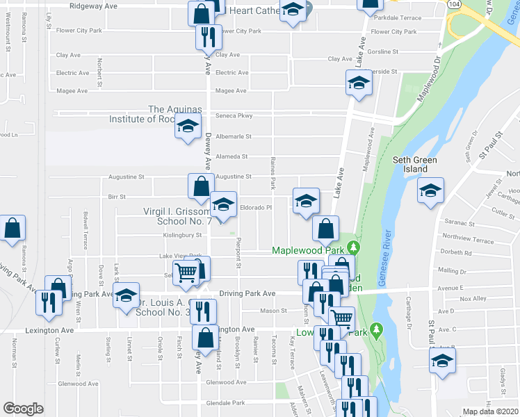 map of restaurants, bars, coffee shops, grocery stores, and more near 28 Lakeview Terrace in Rochester