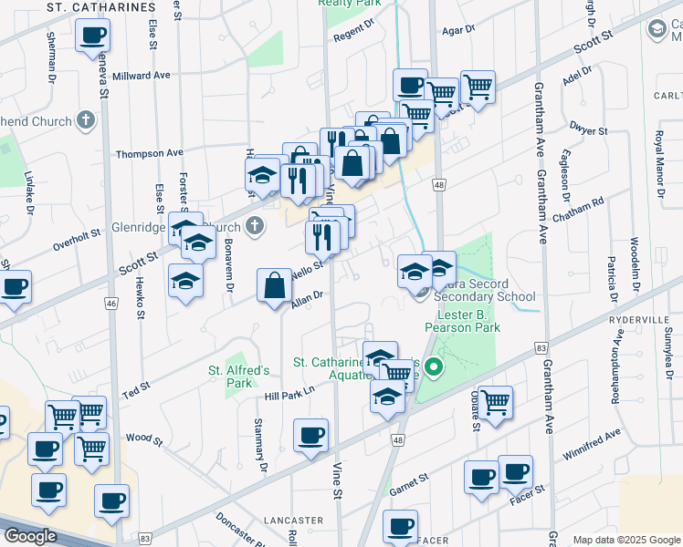 map of restaurants, bars, coffee shops, grocery stores, and more near 101 Old Pine Trail in St. Catharines