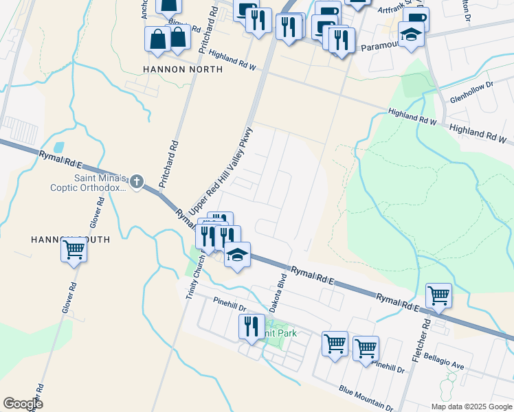 map of restaurants, bars, coffee shops, grocery stores, and more near 41 Soho Street in Hamilton