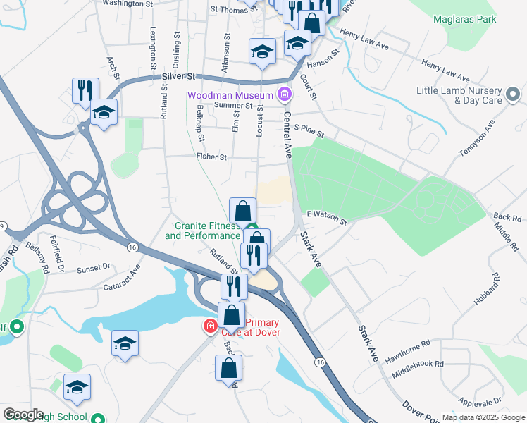 map of restaurants, bars, coffee shops, grocery stores, and more near 1 Monroe Street in Dover