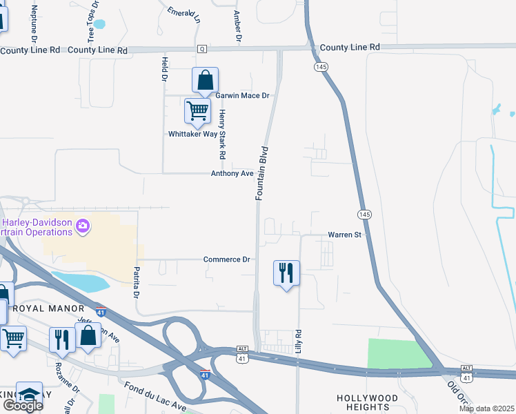 map of restaurants, bars, coffee shops, grocery stores, and more near Fountain Boulevard in Menomonee Falls