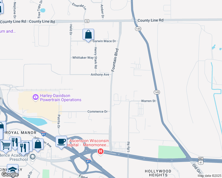 map of restaurants, bars, coffee shops, grocery stores, and more near Fountain Boulevard in Menomonee Falls