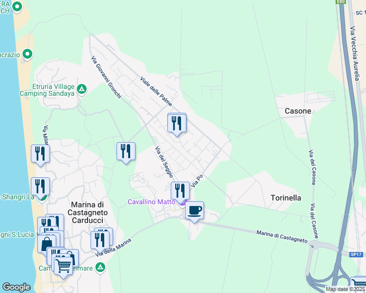 map of restaurants, bars, coffee shops, grocery stores, and more near 12 Via Ticino in Marina di Castagneto Carducci