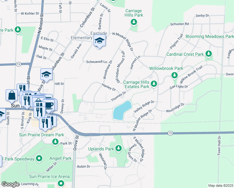 map of restaurants, bars, coffee shops, grocery stores, and more near 755 Hanley Drive in Sun Prairie