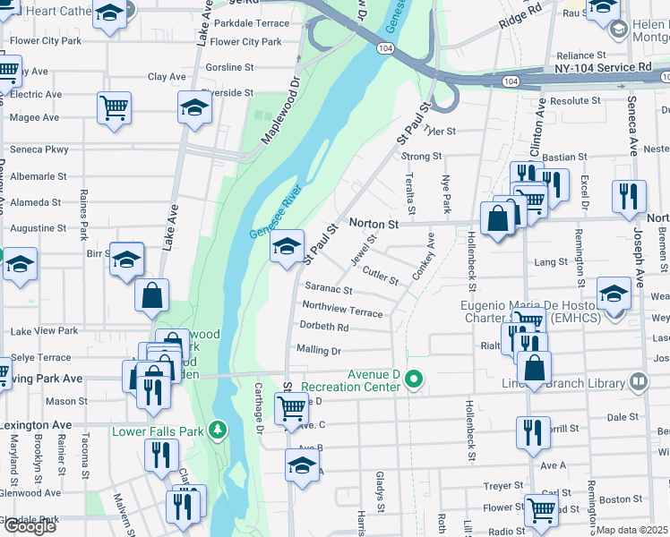 map of restaurants, bars, coffee shops, grocery stores, and more near 41 Beach Street in Rochester