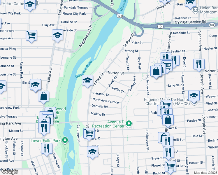 map of restaurants, bars, coffee shops, grocery stores, and more near 50 Jewel Street in Rochester