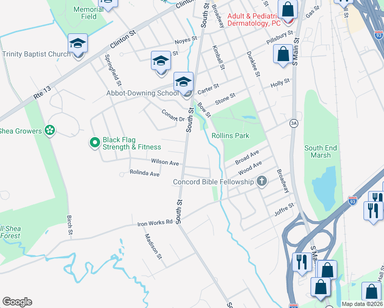 map of restaurants, bars, coffee shops, grocery stores, and more near 197 South Street in Concord