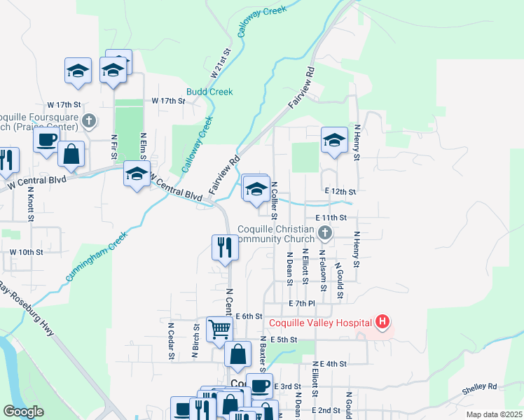 map of restaurants, bars, coffee shops, grocery stores, and more near 1137 North Collier Street in Coquille