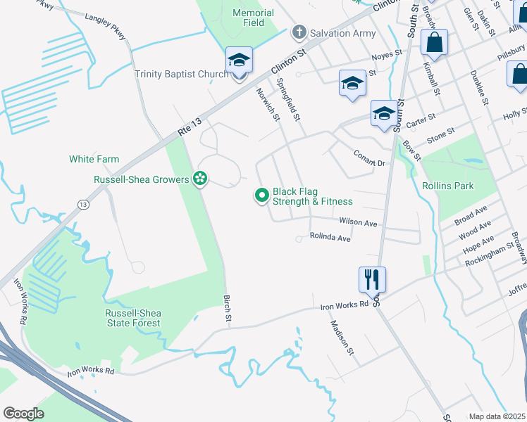 map of restaurants, bars, coffee shops, grocery stores, and more near 15 New Castle Street in Concord