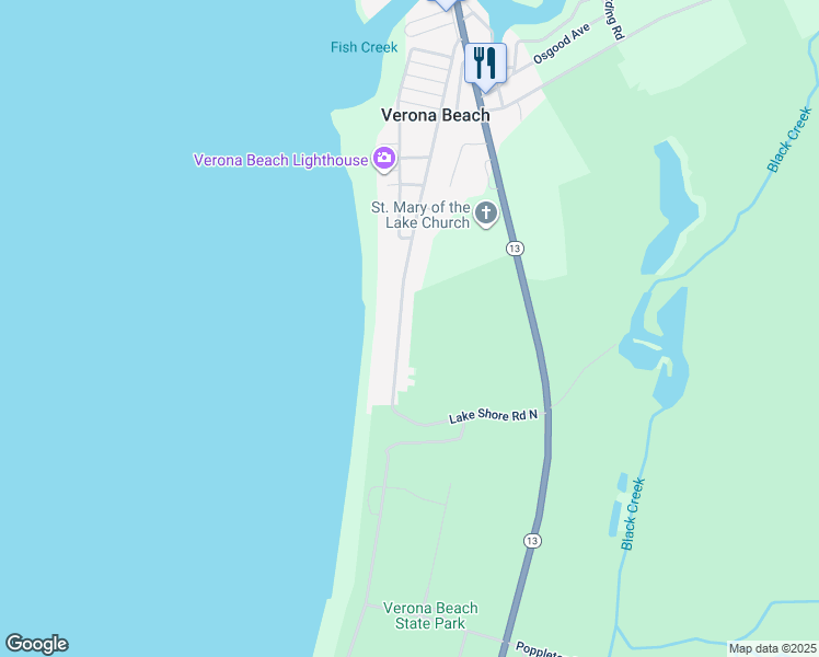 map of restaurants, bars, coffee shops, grocery stores, and more near 6669 Lake Shore Road North in Verona Beach