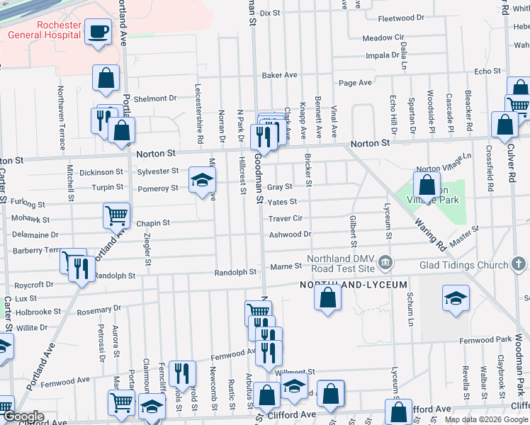 map of restaurants, bars, coffee shops, grocery stores, and more near 17 Yates Street in Rochester