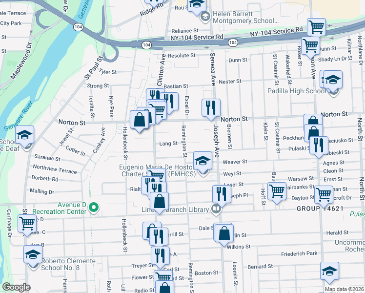 map of restaurants, bars, coffee shops, grocery stores, and more near 25 Lang Street in Rochester