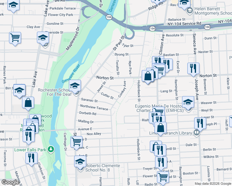map of restaurants, bars, coffee shops, grocery stores, and more near 585 Conkey Avenue in Rochester
