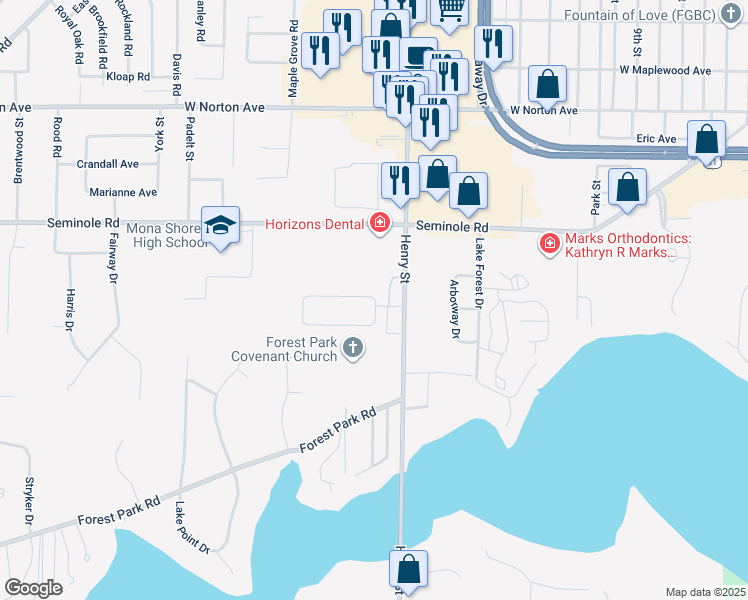 map of restaurants, bars, coffee shops, grocery stores, and more near 810 Winslow Court in Norton Shores