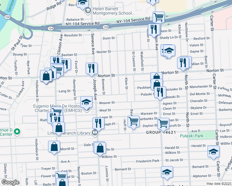 map of restaurants, bars, coffee shops, grocery stores, and more near 98 Van Stallen Street in Rochester