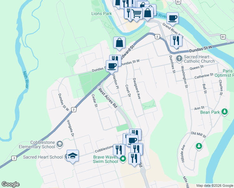 map of restaurants, bars, coffee shops, grocery stores, and more near 19 Hanlon Place in Brant