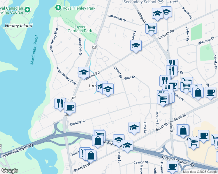 map of restaurants, bars, coffee shops, grocery stores, and more near 28 Centennial Drive in St. Catharines