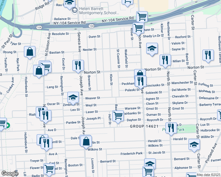 map of restaurants, bars, coffee shops, grocery stores, and more near 144 Van Stallen Street in Rochester