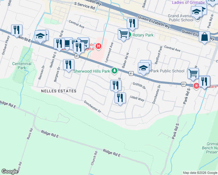 map of restaurants, bars, coffee shops, grocery stores, and more near 12 Pleasant Grove Terrace in Grimsby