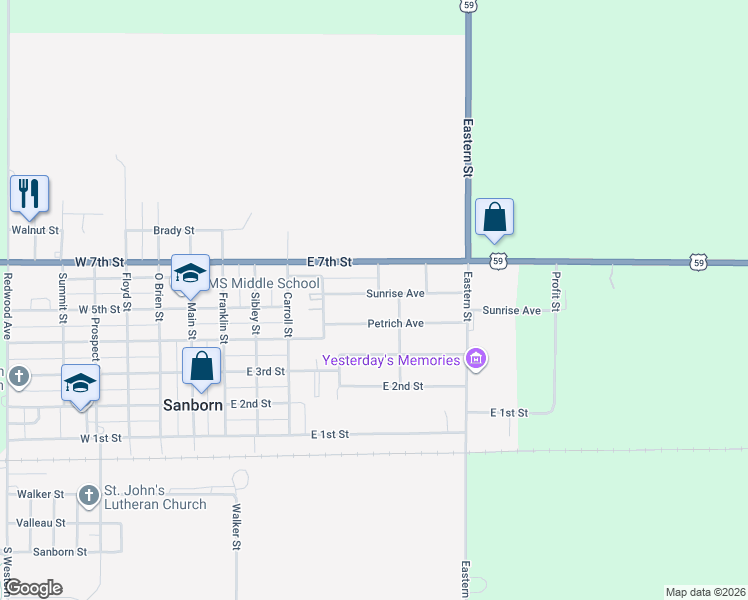 map of restaurants, bars, coffee shops, grocery stores, and more near 602-700 Sunrise Avenue in Sanborn