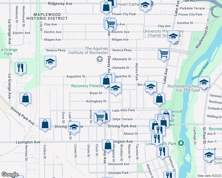 map of restaurants, bars, coffee shops, grocery stores, and more near 1038 Dewey Avenue in Rochester