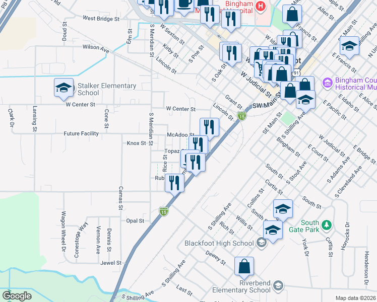 map of restaurants, bars, coffee shops, grocery stores, and more near 141 Topaz Street in Blackfoot