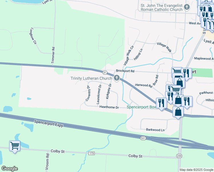 map of restaurants, bars, coffee shops, grocery stores, and more near 31 Kirkgate Drive in Spencerport