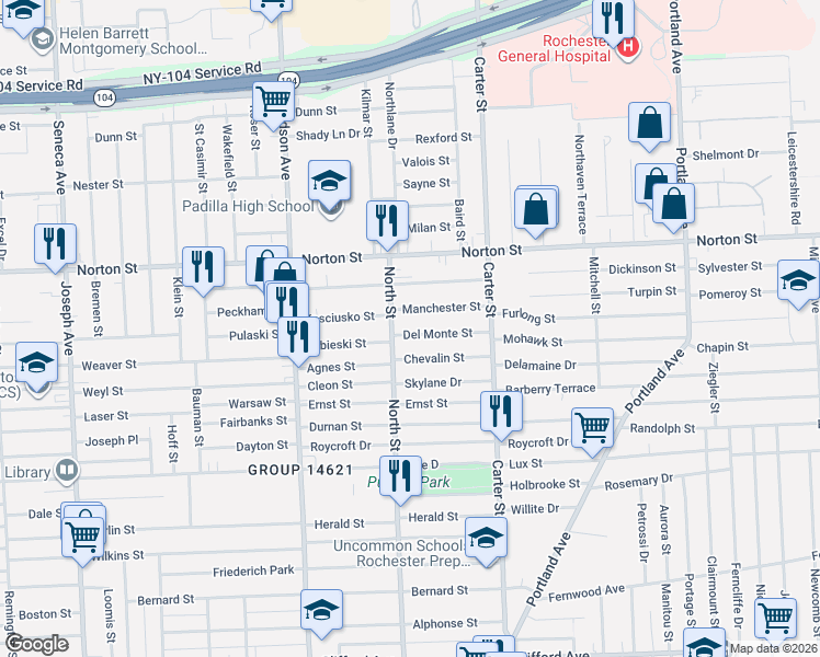 map of restaurants, bars, coffee shops, grocery stores, and more near 16 Del Monte Street in Rochester