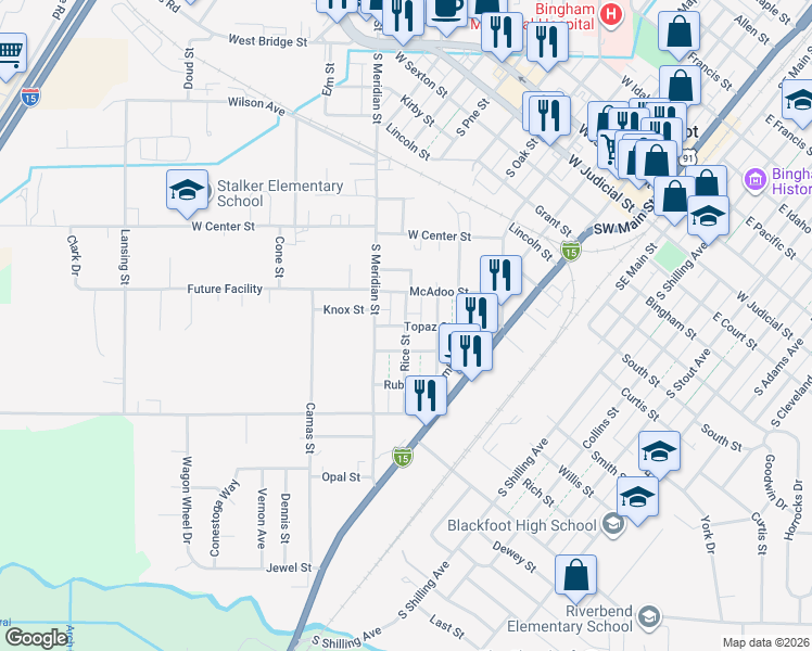 map of restaurants, bars, coffee shops, grocery stores, and more near 299 Topaz Street in Blackfoot