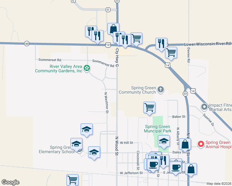 map of restaurants, bars, coffee shops, grocery stores, and more near 501 County Highway G in Spring Green