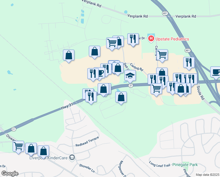 map of restaurants, bars, coffee shops, grocery stores, and more near Highway 31 in Liverpool