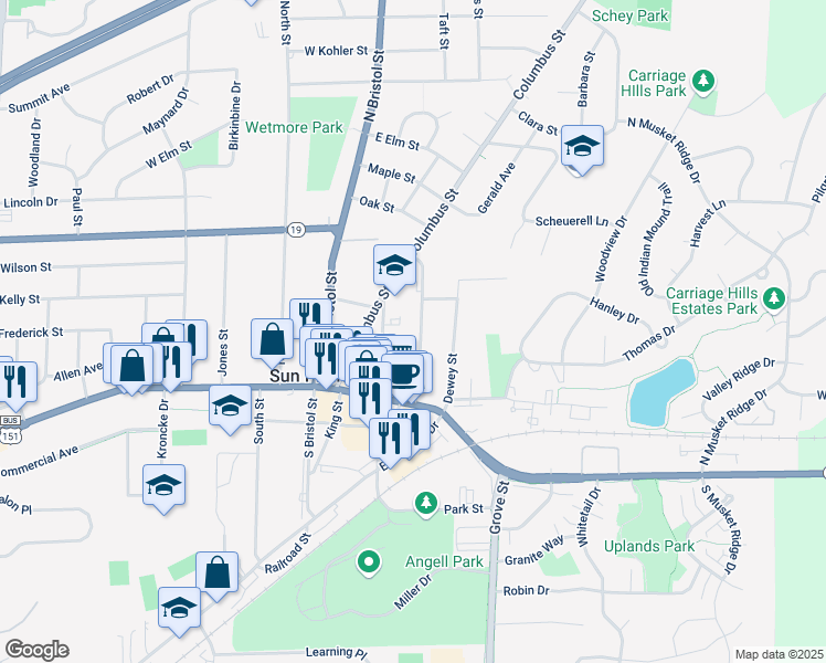 map of restaurants, bars, coffee shops, grocery stores, and more near 172 Vine Street in Sun Prairie