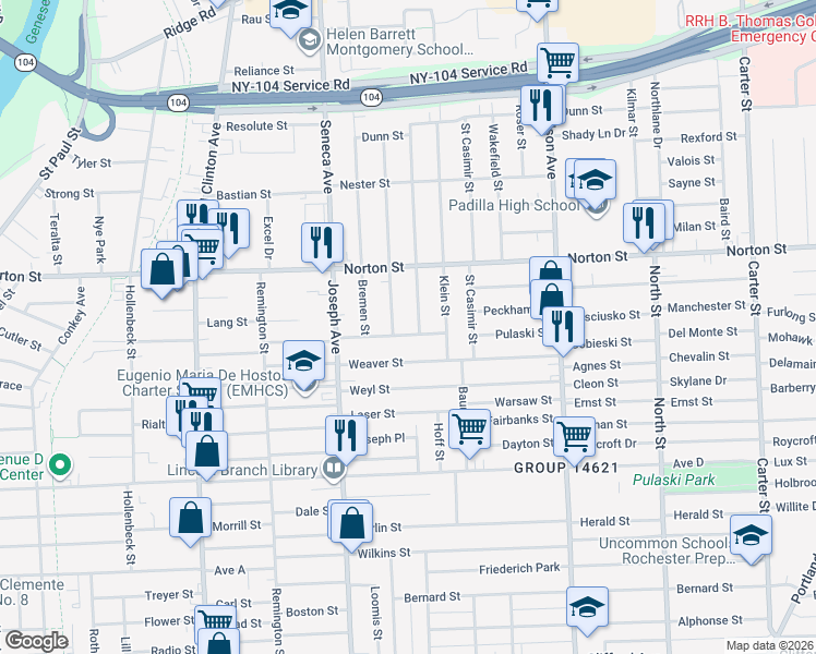 map of restaurants, bars, coffee shops, grocery stores, and more near 98 Van Stallen Street in Rochester