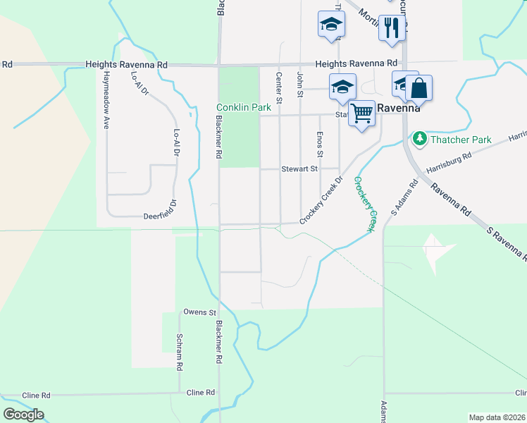 map of restaurants, bars, coffee shops, grocery stores, and more near 3743 Conklin Street in Ravenna