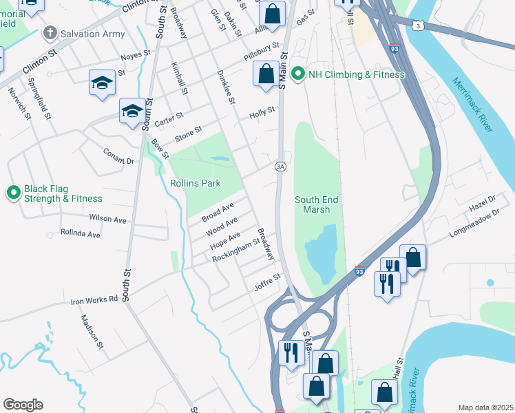 map of restaurants, bars, coffee shops, grocery stores, and more near 137 Broadway in Concord