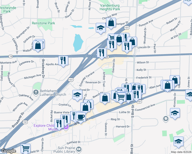 map of restaurants, bars, coffee shops, grocery stores, and more near 200-218 Amber Trail in Sun Prairie
