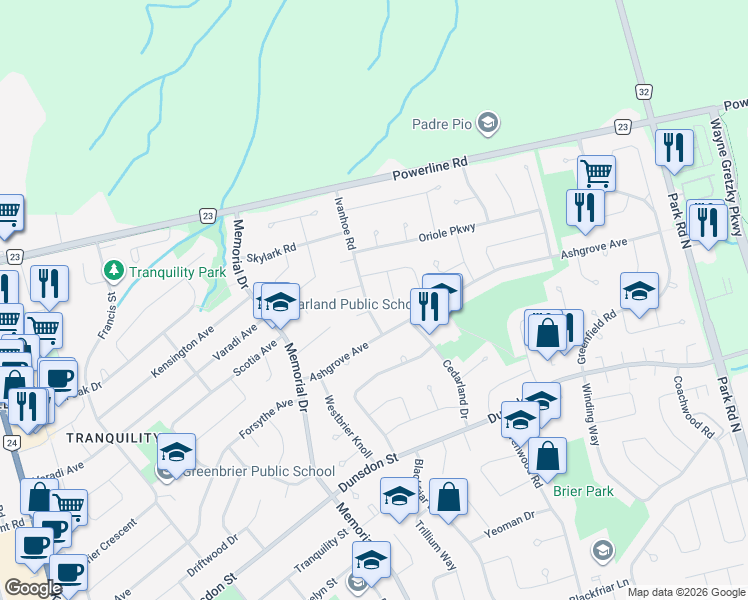 map of restaurants, bars, coffee shops, grocery stores, and more near 16 Ivanhoe Road in Brantford