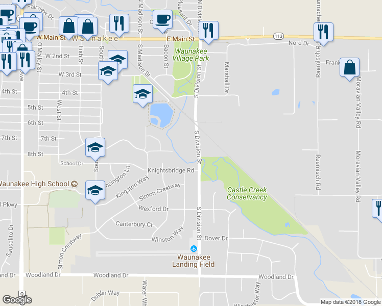 map of restaurants, bars, coffee shops, grocery stores, and more near 815 South Division Street in Waunakee